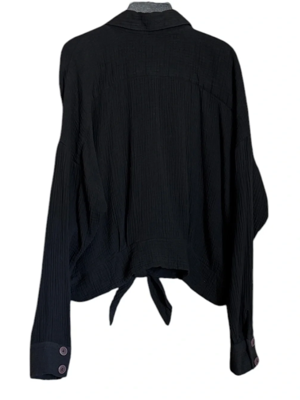 Free People Black Double Gauze Tie Front Button Down Oversized Shirt Top Size L